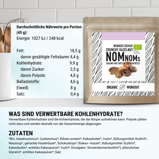 ABVERKAUF Crunchy Hazelnut NomNoms (Protein-Bites) – bio, vegan mit Bio-Erythrit und Bio Erbsenprotein