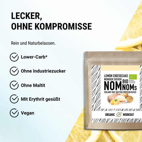 LIMITED EDITION Lemon Cheesecake NomNoms (Protein-Bites) – bio, vegan mit Bio-Erythrit und Bio Erbsenprotein