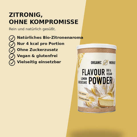Vorteile des Bio Lemon Cheesecake Flavour Powders: natürliches Zitronenaroma, wenig Kalorien, ohne Zuckerzusatz, vegan und glutenfrei