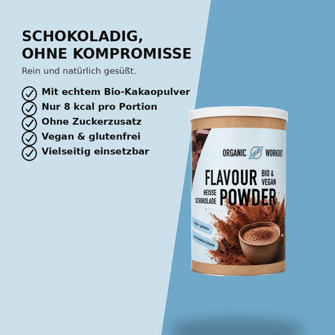 Vorteile des Bio Heisse Schokolade Flavour Powders: echtes Bio-Kakaopulver, wenig Kalorien, ohne Zuckerzusatz, vegan und glutenfrei