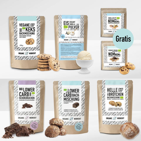 Plant Lover’s Bundle: Organic Vegan Chocolate Biscuit Baking Mix + Crunchy Hazelnut Butter + Lower-Carb Baking Mix + Vegan Shake Sample