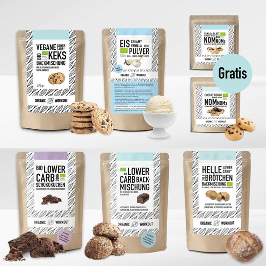 Plant Lover’s Bundle: Organic Vegan Chocolate Biscuit Baking Mix + Crunchy Hazelnut Butter + Lower-Carb Baking Mix + Vegan Shake Sample