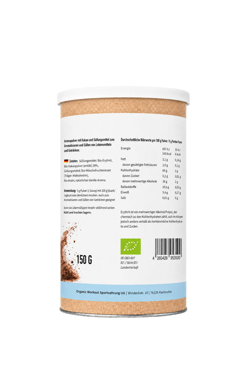 Bio Heisse Schokolade Flavour Powder Dose von Organic Workout, Rückseite mit Zutaten und Nährwerten